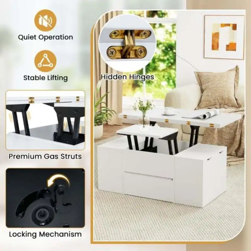 Table Basse Relevable Blanche avec 4 Tabourets de Rangement – Compartiment Caché, Idéale pour Recevoir
