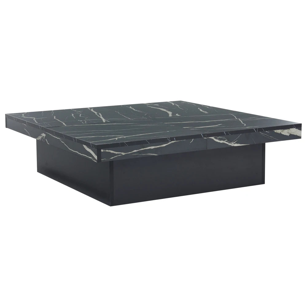 Table Basse Carrée Noire 90x90cm à 4 Tiroirs – Plateau Coulissant, Design Marbré Chic