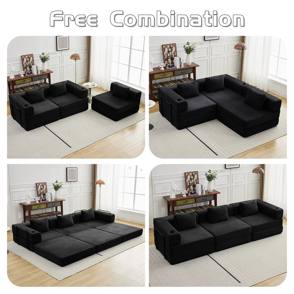 Canapé Modulaire 3 Places Corduroy Noir avec Porte-Gobelet – Sans Montage, Confort Haute Densité