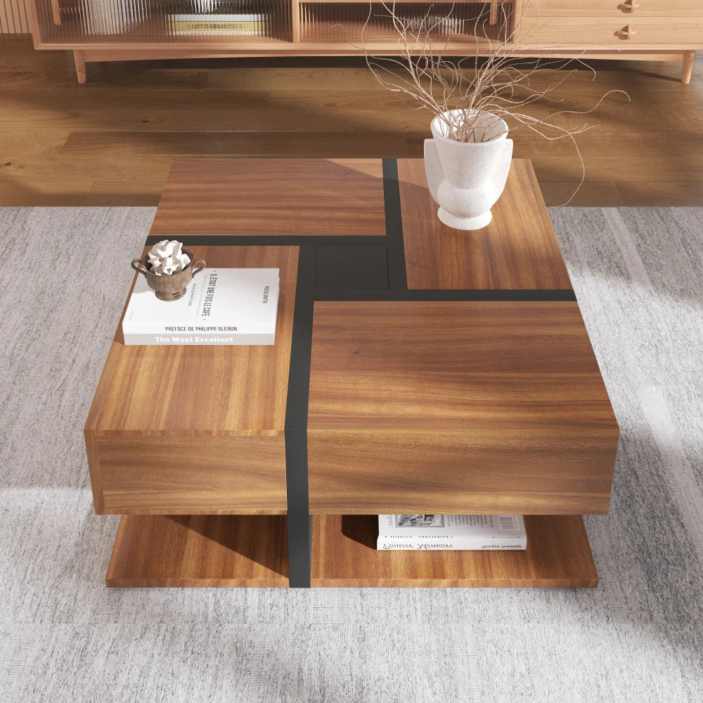 Table Basse PINGGO 78x78cm avec 4 Tiroirs – Design Graphique & Rangement Généreux