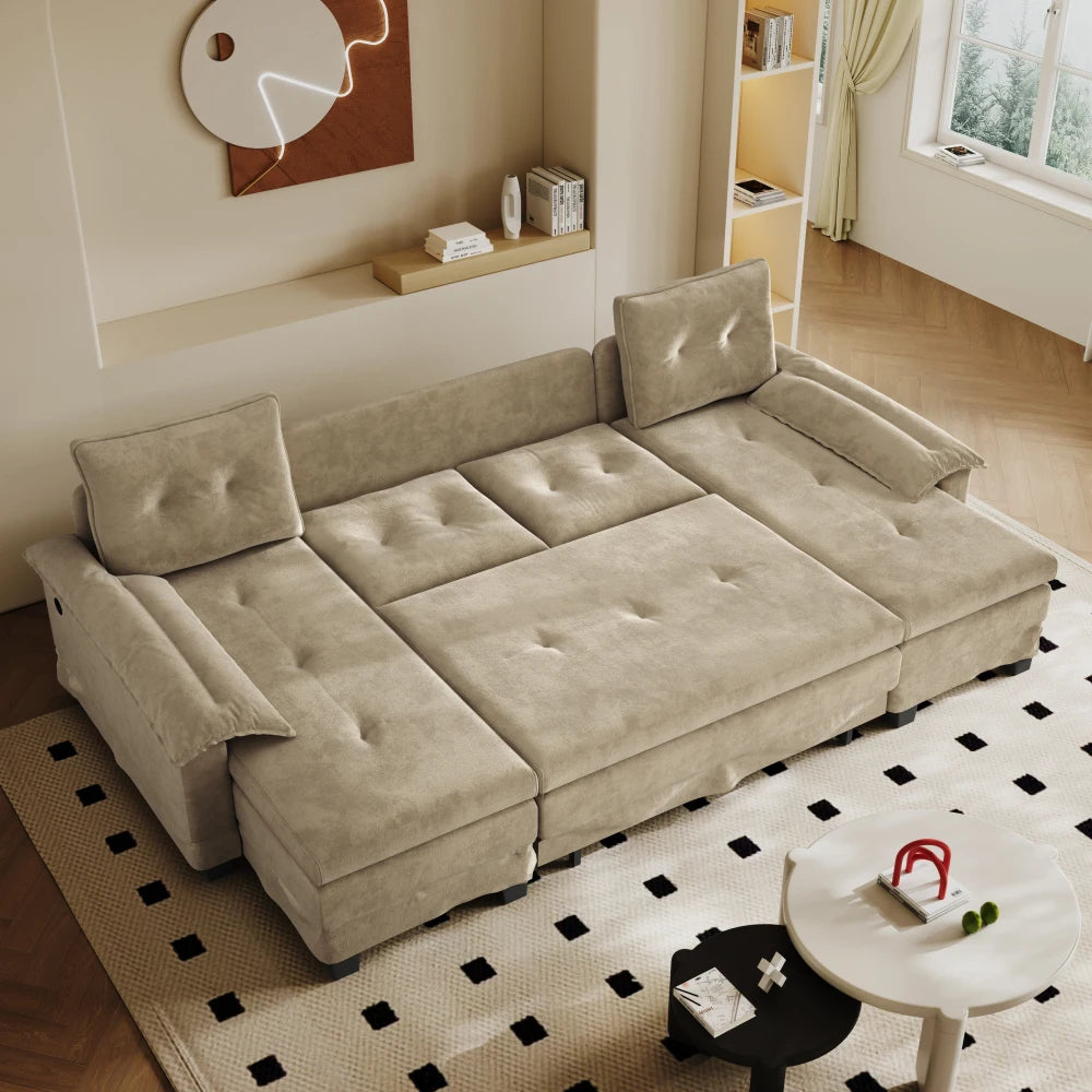 Canapé Convertible en U Ye 278cm Camel avec USB & Accoudoirs Amovibles – Format XXL Modulaire