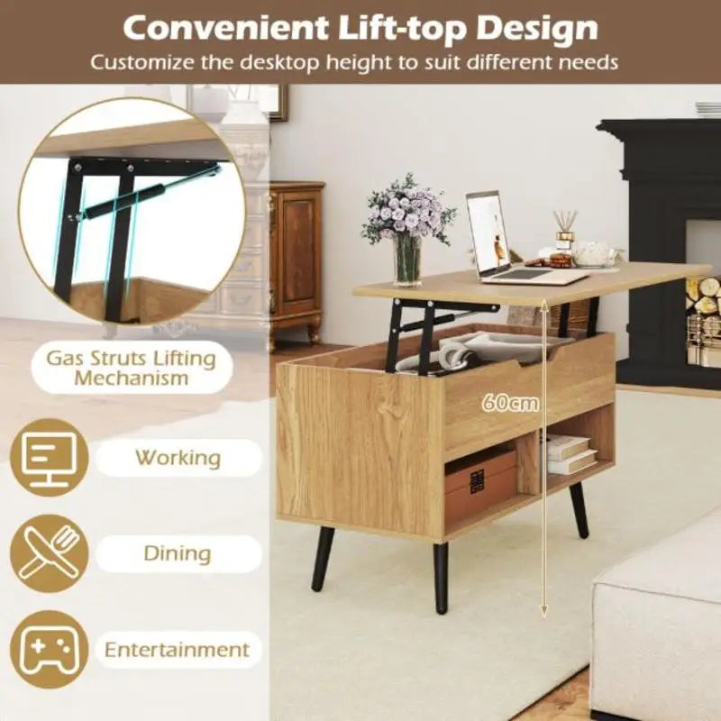Table Basse Relevable 80cm Bois Naturel – Compartiment Caché & Étagères de Rangement