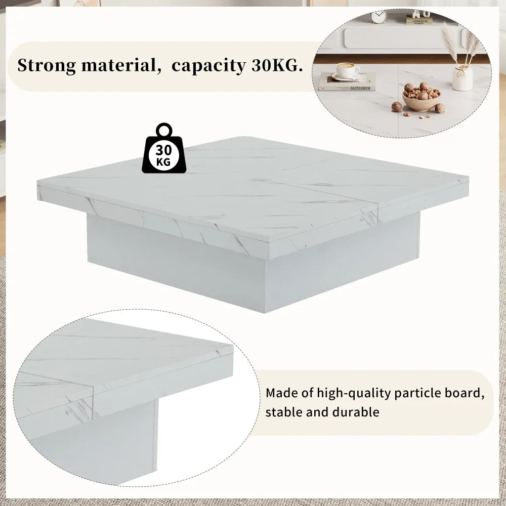 Table Basse Carrée Noire 90x90cm à 4 Tiroirs – Plateau Coulissant, Design Marbré Chic