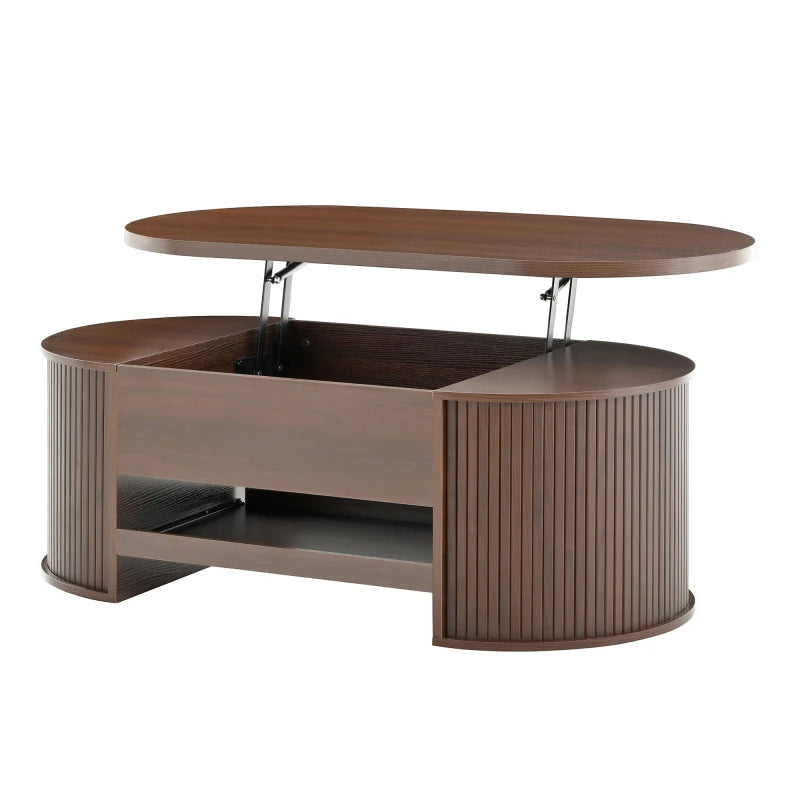 Table Basse Relevable en Bois Courbé avec Étagère Coulissante – Design Chaleureux Multifonction