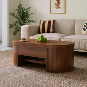 Table Basse Relevable en Bois Courbé – Étagère Coulissante, Design Chaleureux
