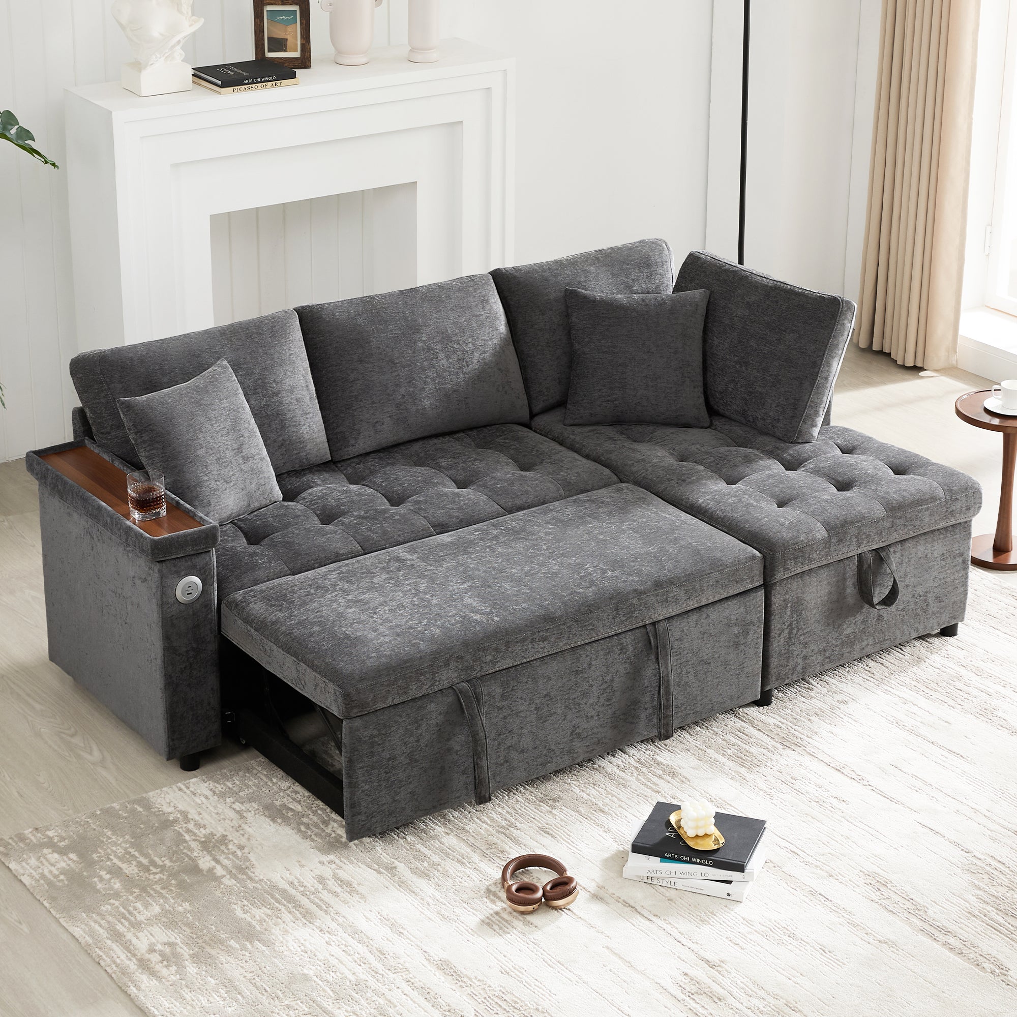 Canapé d'Angle Convertible 3-4 Places Chenille Gris Foncé avec Coffre, USB & Porte-Gobelet